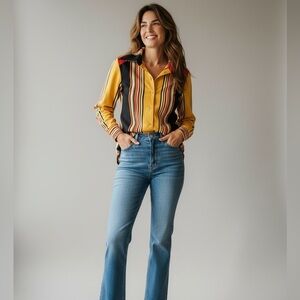 Vtg 70s Ted Martin Originals Disco Shirt Striped Butterfly Collar ILGWU Sz 12